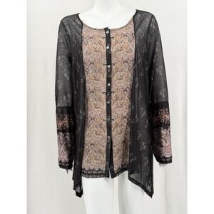 One World Top Womens 1X Black Sheer Paisley Button Up Tunic Boho Hippie Festival